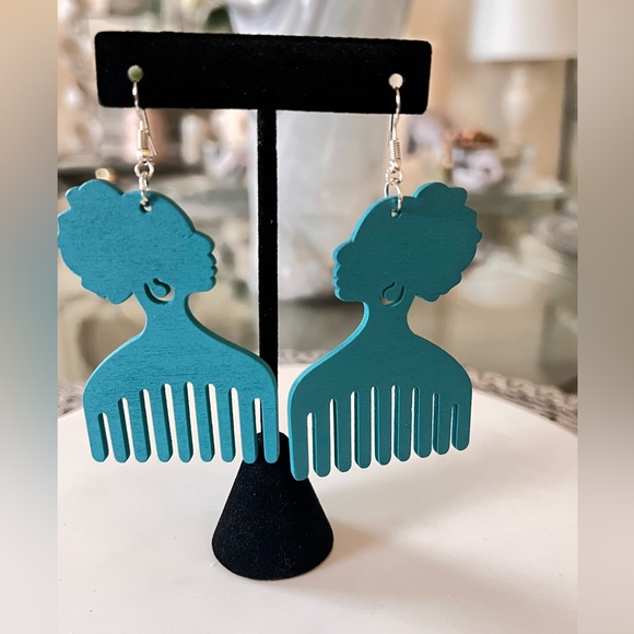 African Head Comb Wooden Simple Retro Ethnic Style Dangle Drop Earrings - Picture 3 of 3